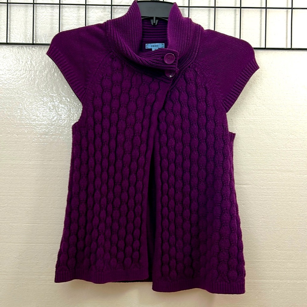 IZOD Women M‎ Purple Sweater Cap Sleeve Two Button Cable Knit 1114H